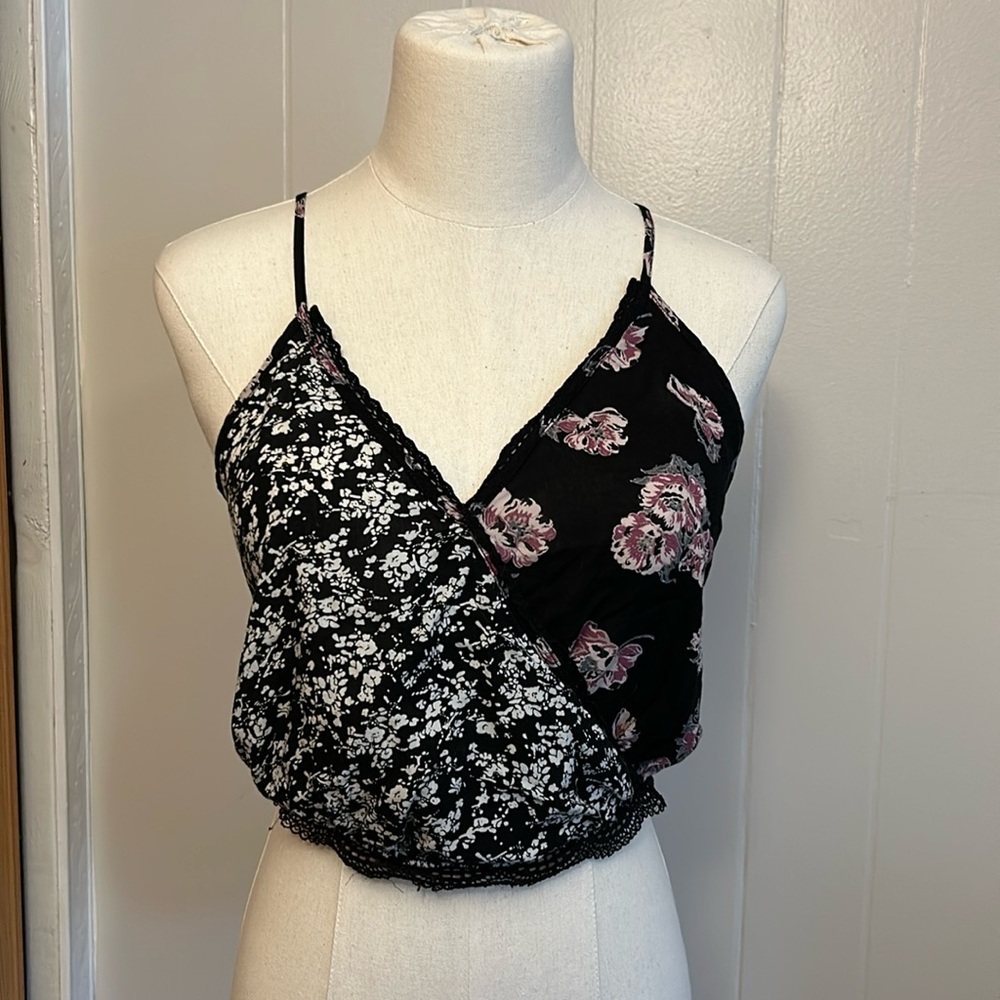 Free people black floral crop wrap style top with elastic waist
